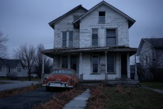An old car is parked in front of a vacant house
