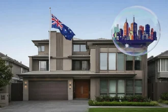 A luxury home with an Australian flag and a floating bubble illustrating the Australian real estate market