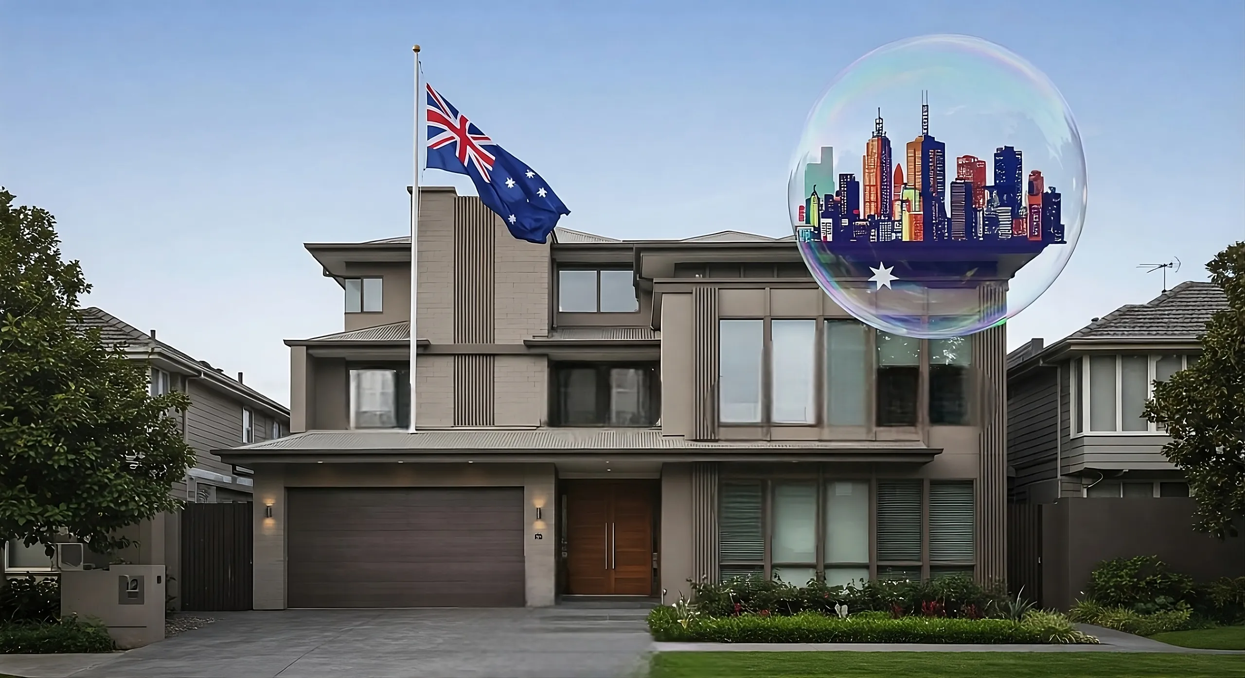 A luxury home with an Australian flag and a floating bubble illustrating the Australian real estate market