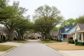 Empty suburban street with no people, highlighting the silence and stillness of the neighborhood.
