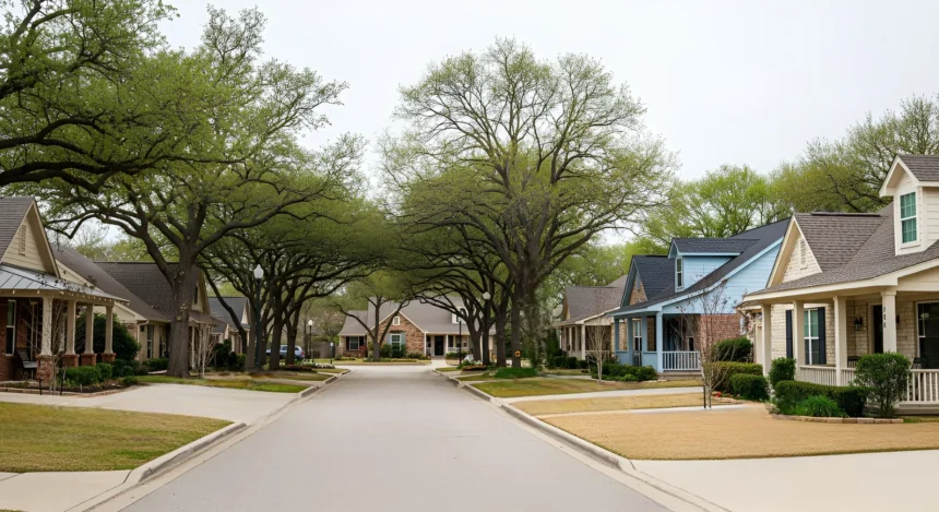 Empty suburban street with no people, highlighting the silence and stillness of the neighborhood.