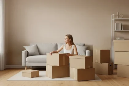 Minimalist living room with a few moving boxes and natural lighting