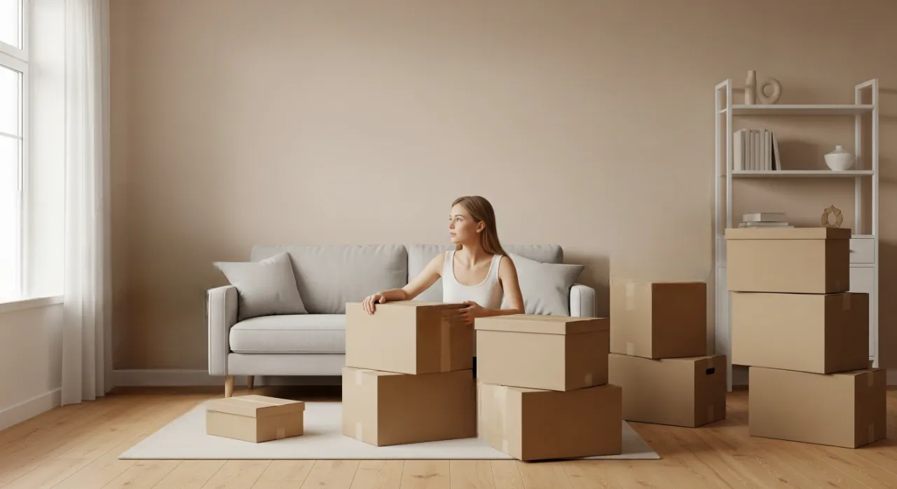 The Small Move Revolution: Why Less Stuff Means More Freedom Minimalist living room with a few moving boxes and natural lighting