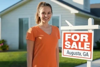 A housewife is standing in front of her house next to a board sign that says FOR SALE with the words Augusta, GA underneath it.