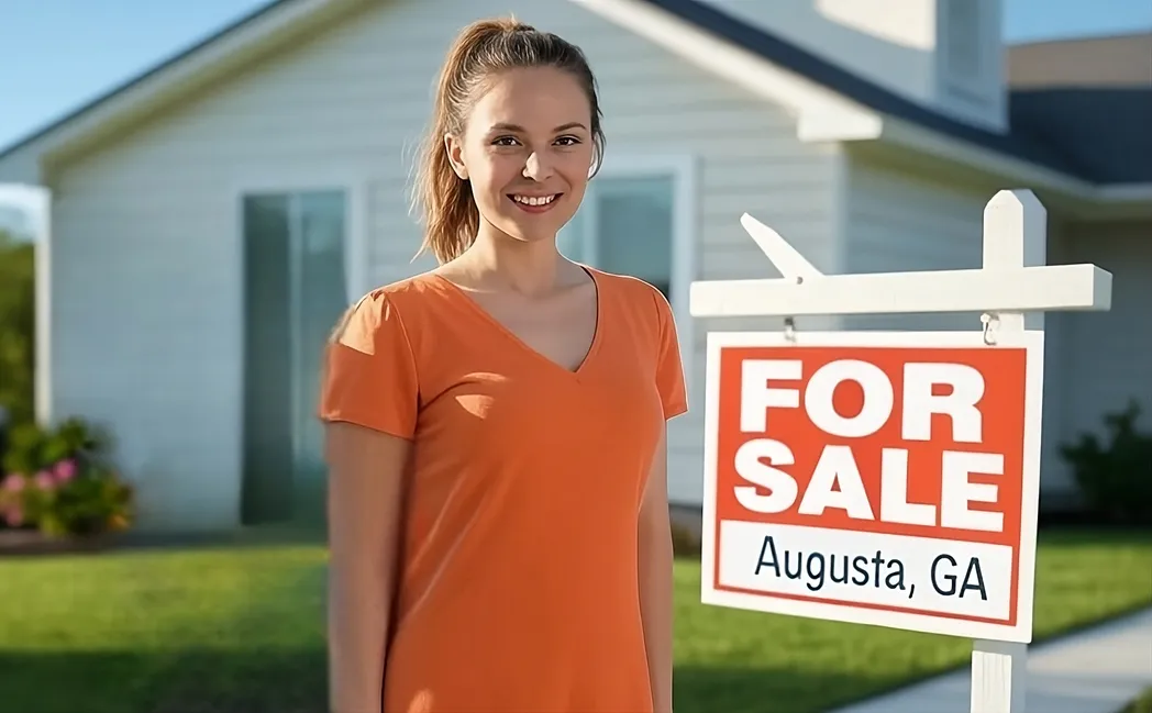 A housewife is standing in front of her house next to a board sign that says FOR SALE with the words Augusta, GA underneath it.