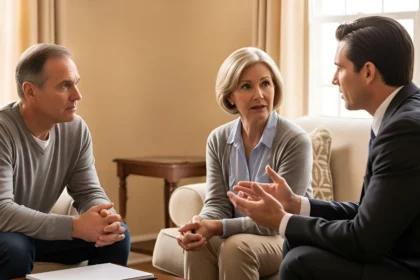 Middle-aged American couple talking with a lawyer in their living room