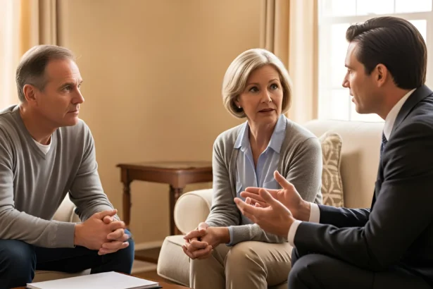 Middle-aged American couple talking with a lawyer in their living room