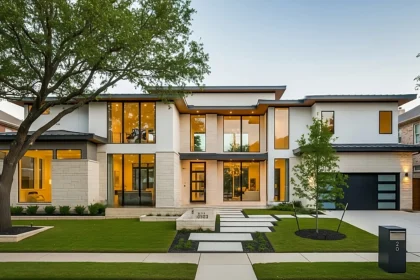 Modern Dallas home with large windows, minimalist design, and landscaped yard