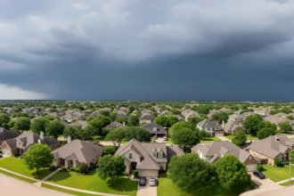 Houston neighborhood roofs under bright sun and stormy sky, showing climate challenges