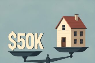 A scale balances a $50,000 bill on one side and a miniature house on the other