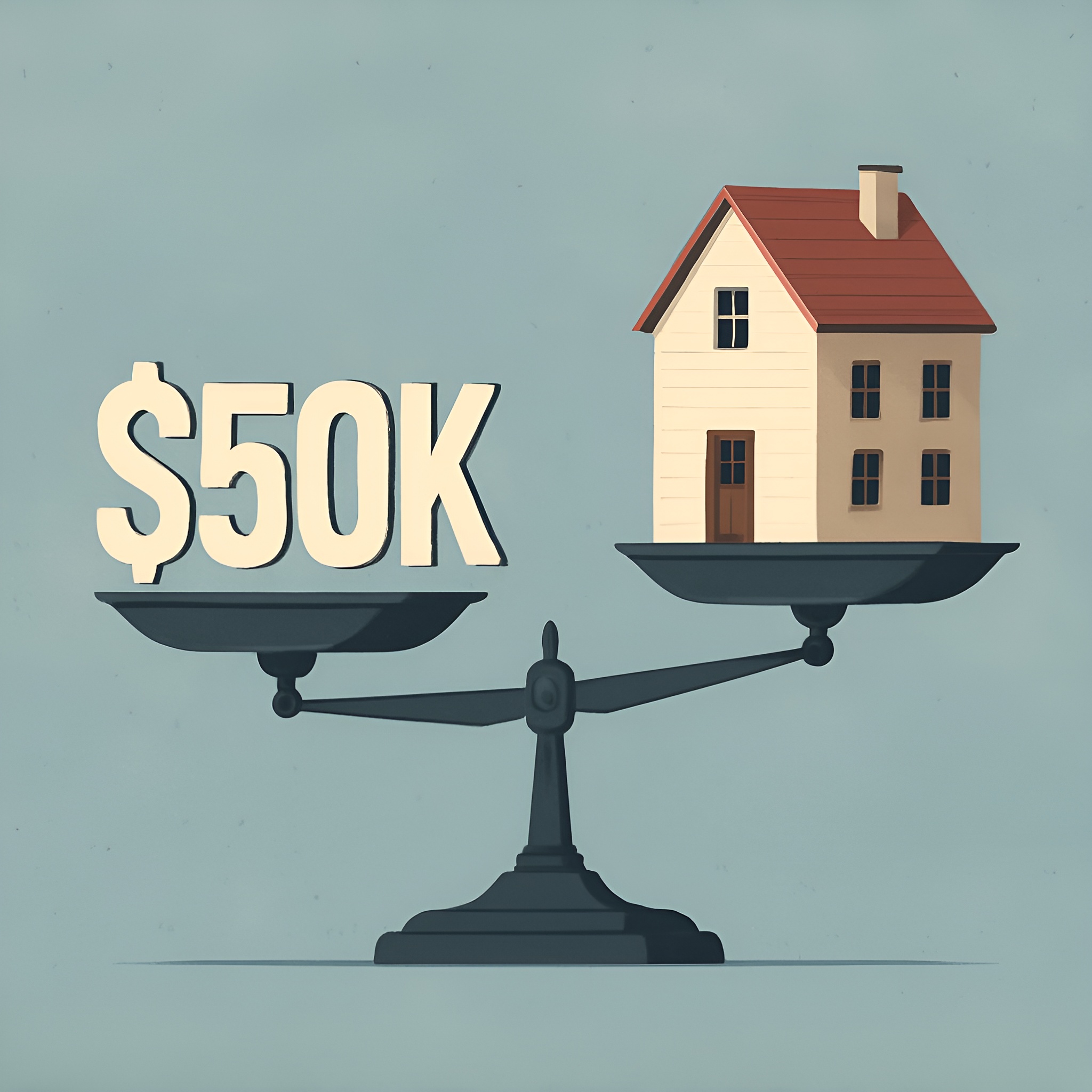 A scale balances a $50,000 bill on one side and a miniature house on the other