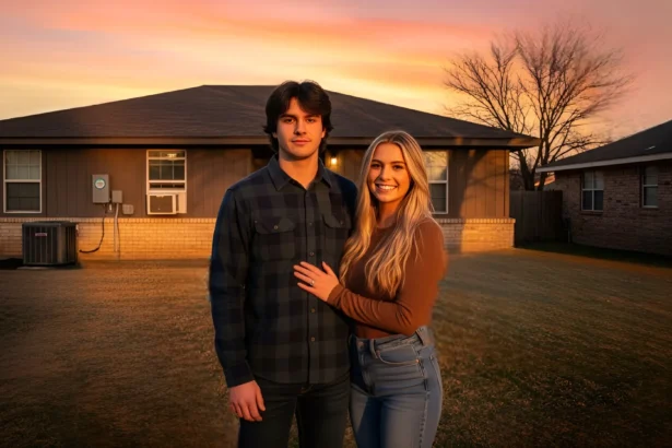 Concerned Texas couple reviewing utility bills outside their suburban home during sunset