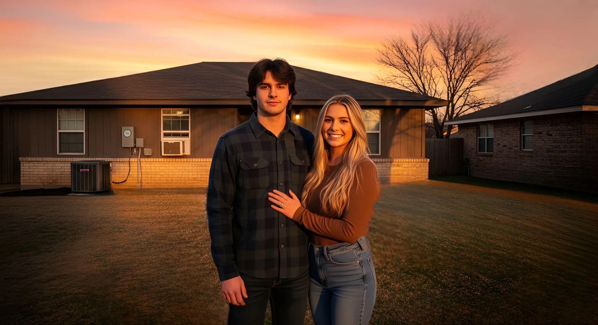 Concerned Texas couple reviewing utility bills outside their suburban home during sunset