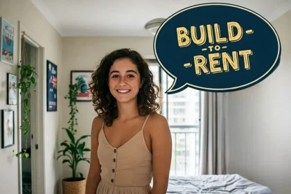 An Aussie girl smiling in an apartment with a speech bubble that says “Build-to-Rent”.