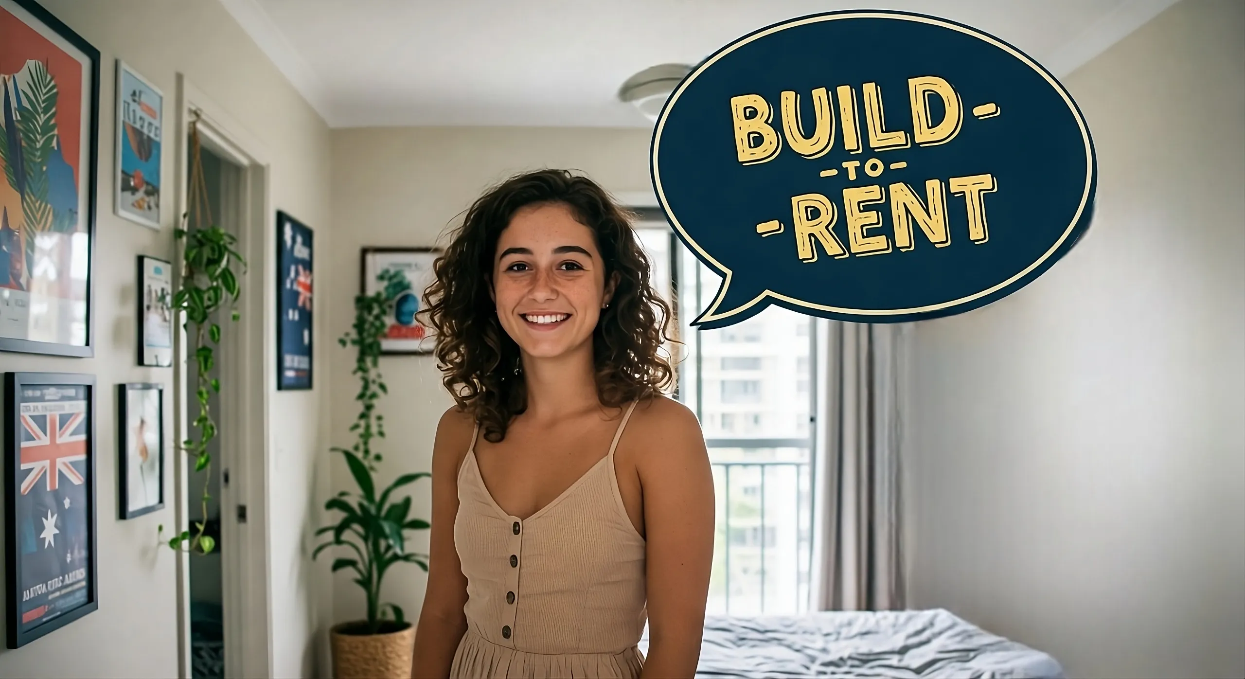 Why Build-to-Rent Apartments in Australia Are Ideal for Renters An Aussie girl smiling in an apartment with a speech bubble that says “Build-to-Rent”.