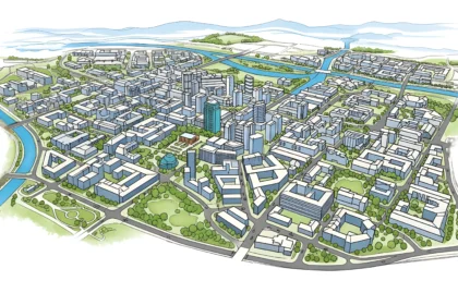 City planning blueprint illustration showing zoning districts and residential areas.