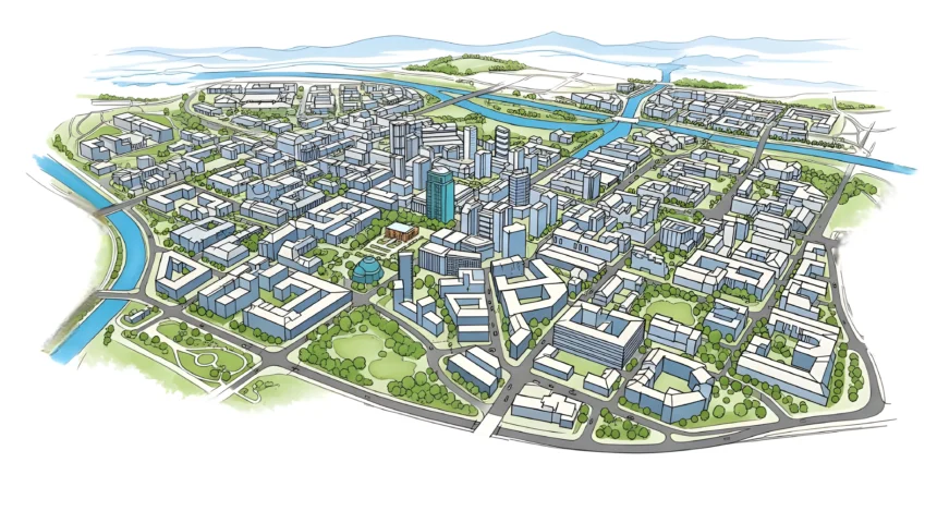 City planning blueprint illustration showing zoning districts and residential areas.