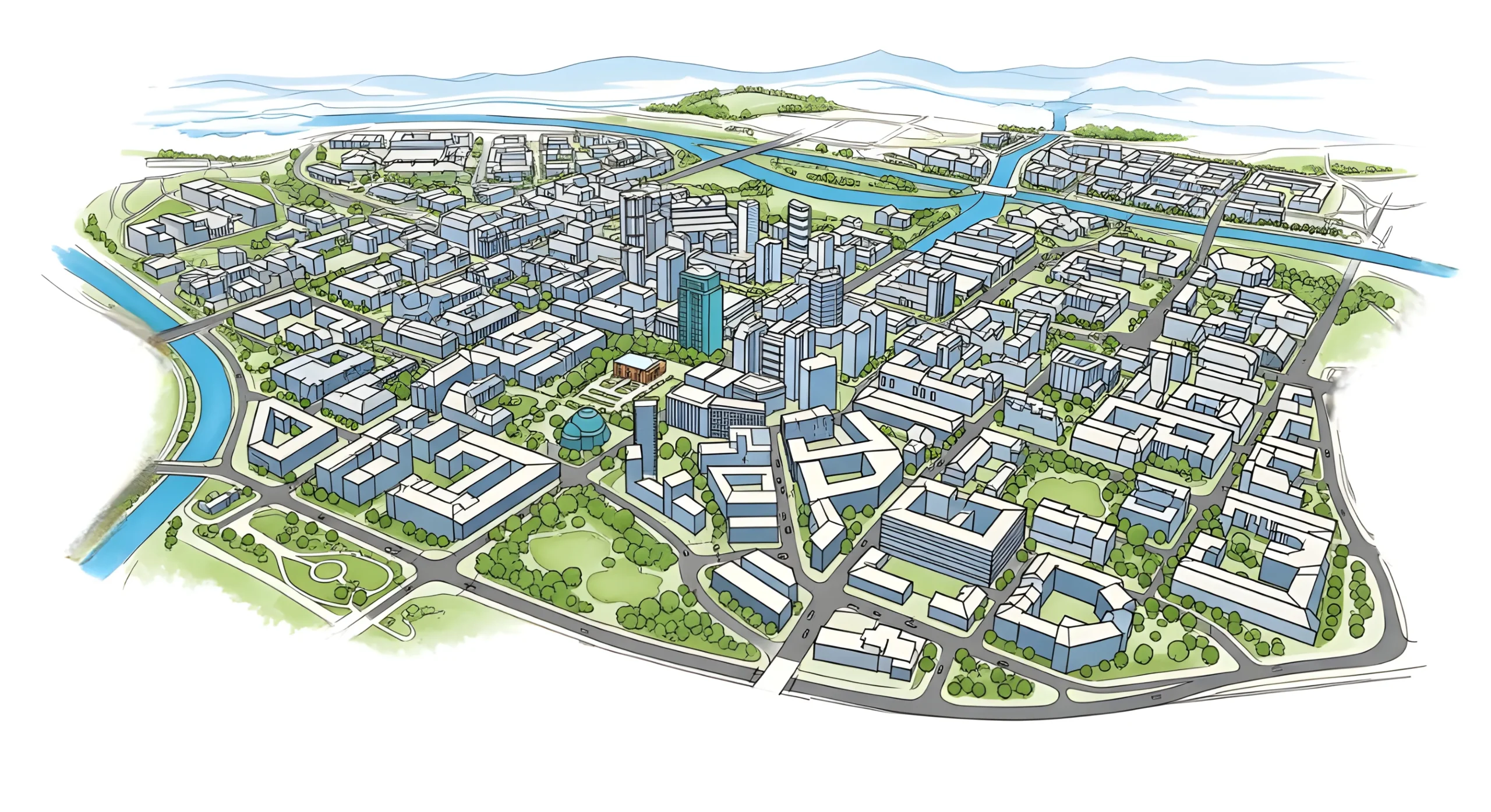City planning blueprint illustration showing zoning districts and residential areas.