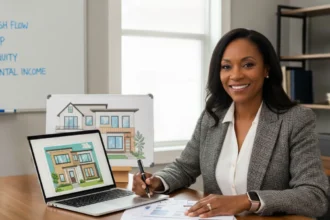 Real estate investor planning goals at desk with sticky notes labeled cash flow, flip, and appreciation