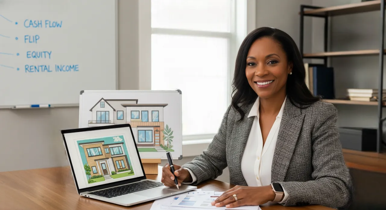 7 Smart Tips For Finding An Investment Property in North America Real estate investor planning goals at desk with sticky notes labeled cash flow, flip, and appreciation