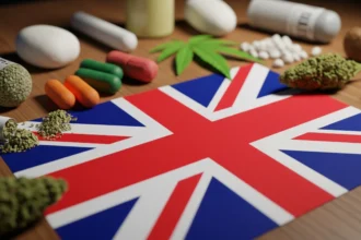 Various types of drugs next to a UK flag on a table, symbolizing the country's struggle with addiction
