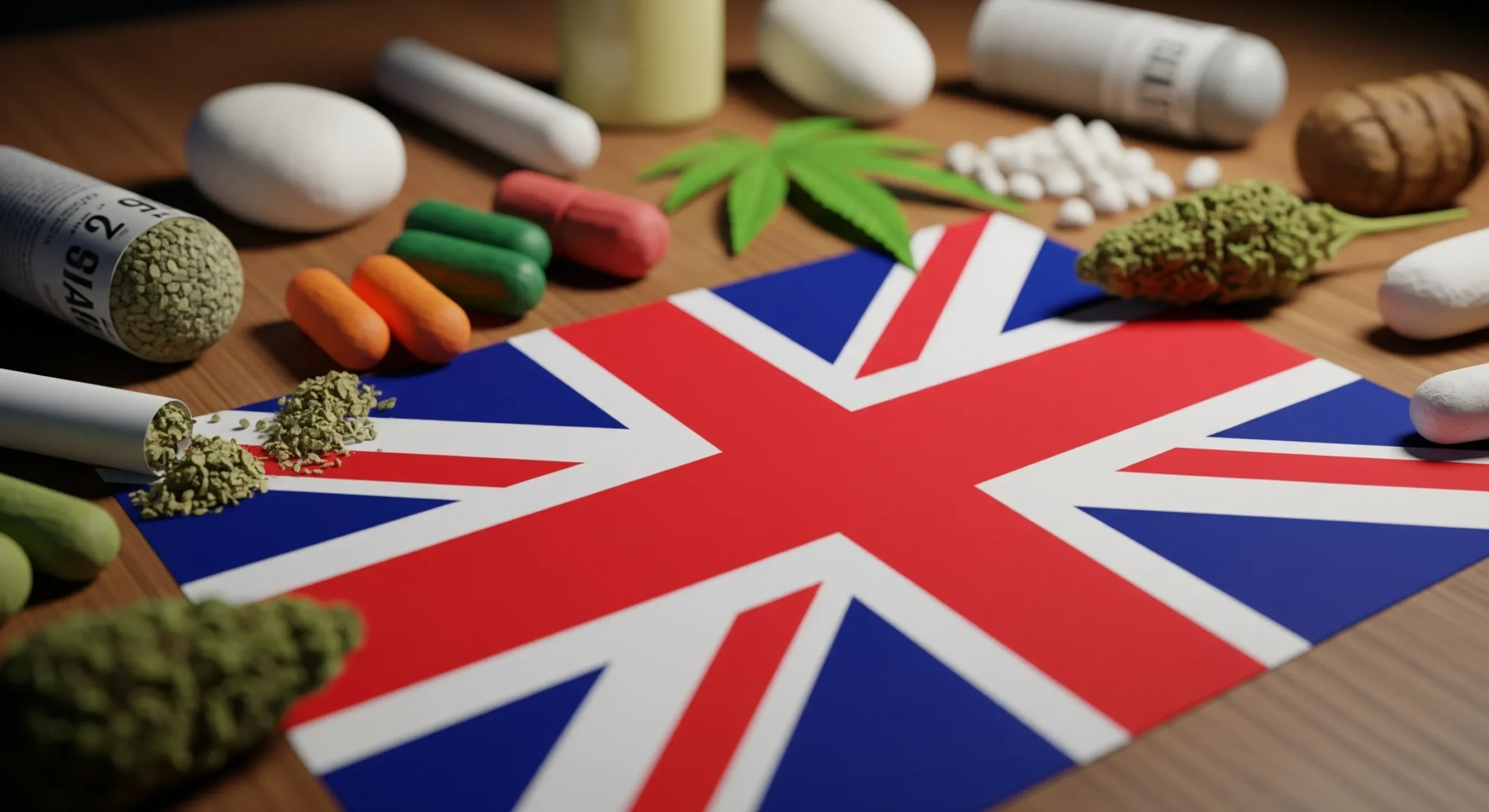 Various types of drugs next to a UK flag on a table, symbolizing the country's struggle with addiction