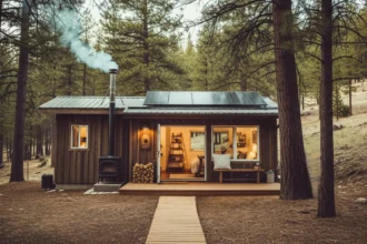 Off-grid forest cabin with solar panels and a wood stove chimney surrounded by trees.