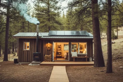 Off-grid forest cabin with solar panels and a wood stove chimney surrounded by trees.