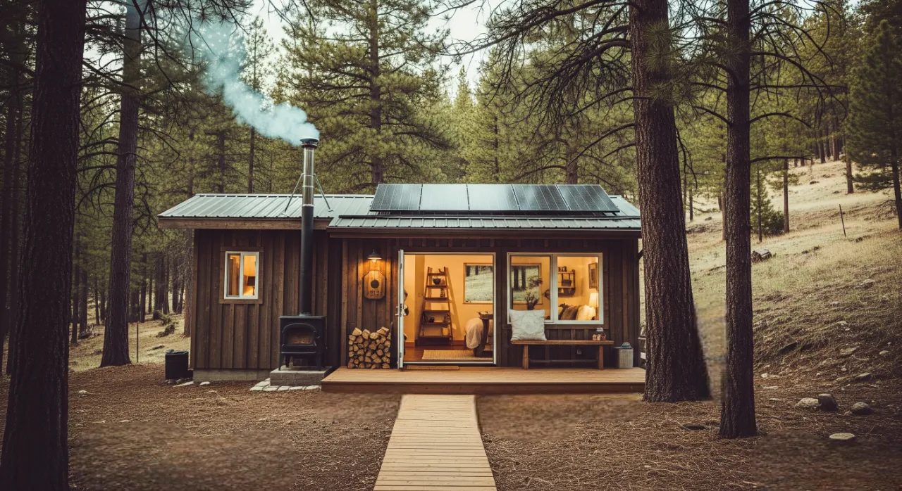 Get a Wood-Burning Stove to Boost Your Home’s Value Off-grid forest cabin with solar panels and a wood stove chimney surrounded by trees.