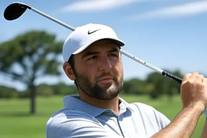 Scottie Scheffler holding a golf club while wearing a white Nike cap