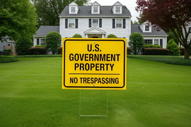 Yellow sign on a fence that says “U.S. Government Property – No Trespassing”