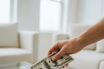 Hand holding dollar bills inside a home