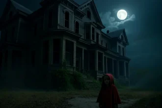 mysterious little girl in a spooky old house