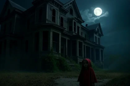 mysterious little girl in a spooky old house