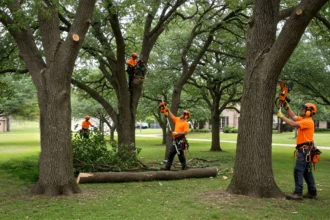 A team of professional workers providing tree care services, trimming and maintaining trees in an outdoor area.