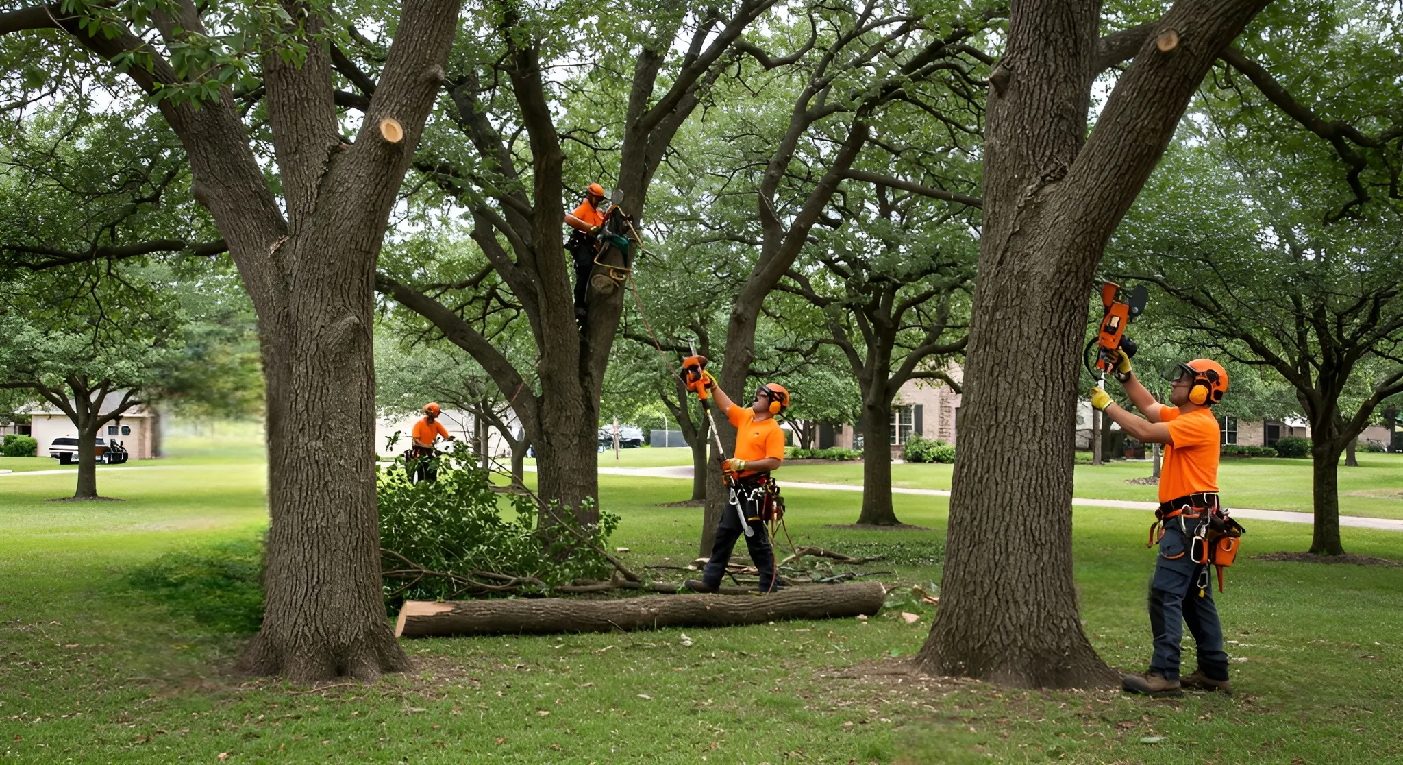Integrating Tree Care into Dallas County Landscape Design A team of professional workers providing tree care services, trimming and maintaining trees in an outdoor area.