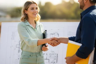 a lady shaking hands with a builder over home blueprints