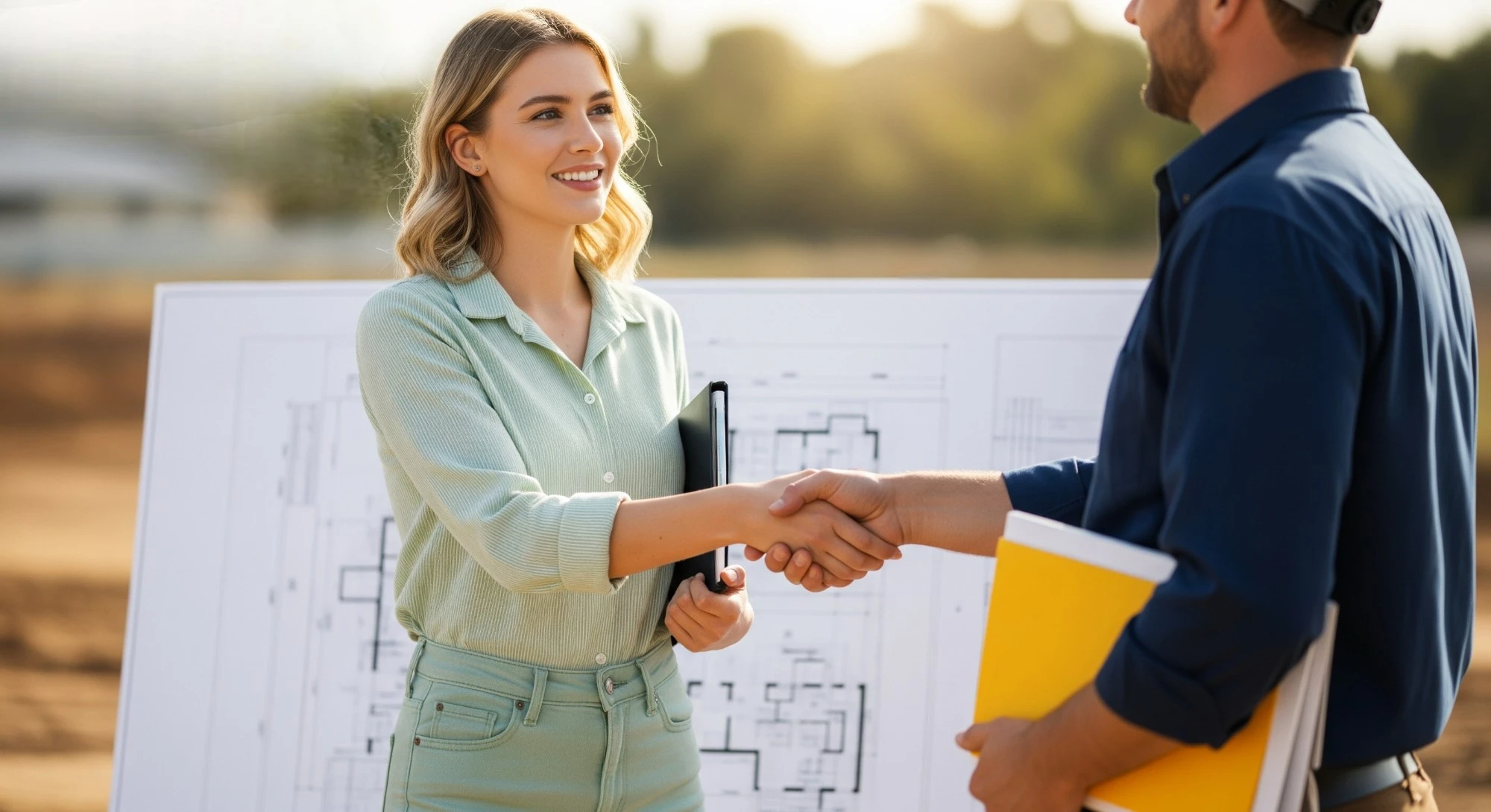 a lady shaking hands with a builder over home blueprints