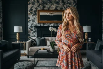 A lady viewing a staged living room with black wallpaper accent