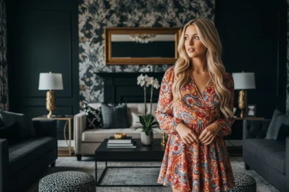 A lady viewing a staged living room with black wallpaper accent