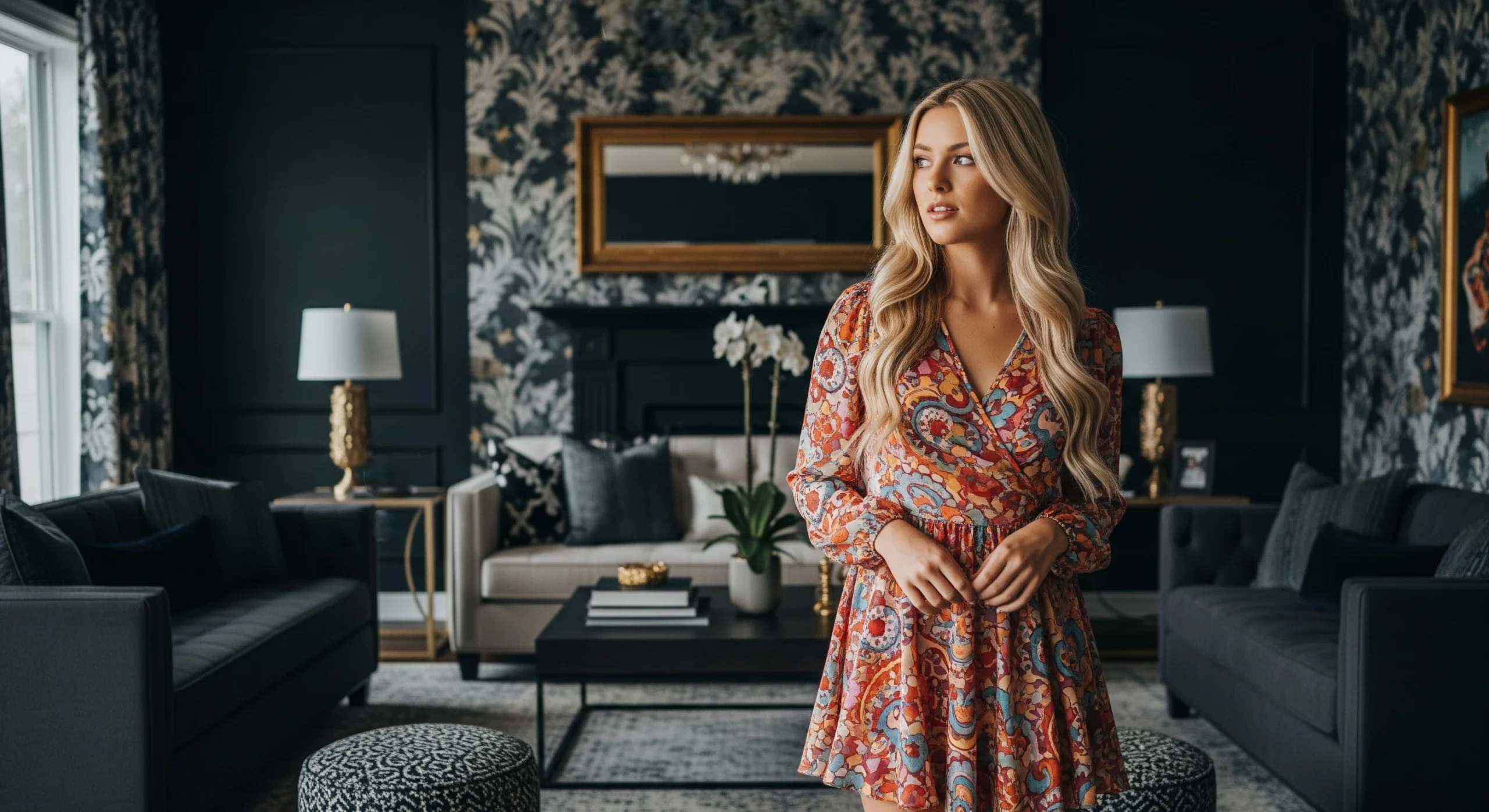 How Black Peel and Stick Wallpaper is a Realtor's Secret Weapon for Modern Listing Photos A lady viewing a staged living room with black wallpaper accent