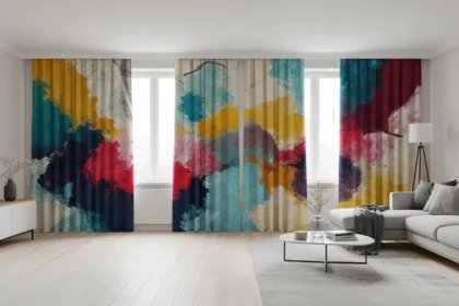 Artistic printed curtains in soft neutral room