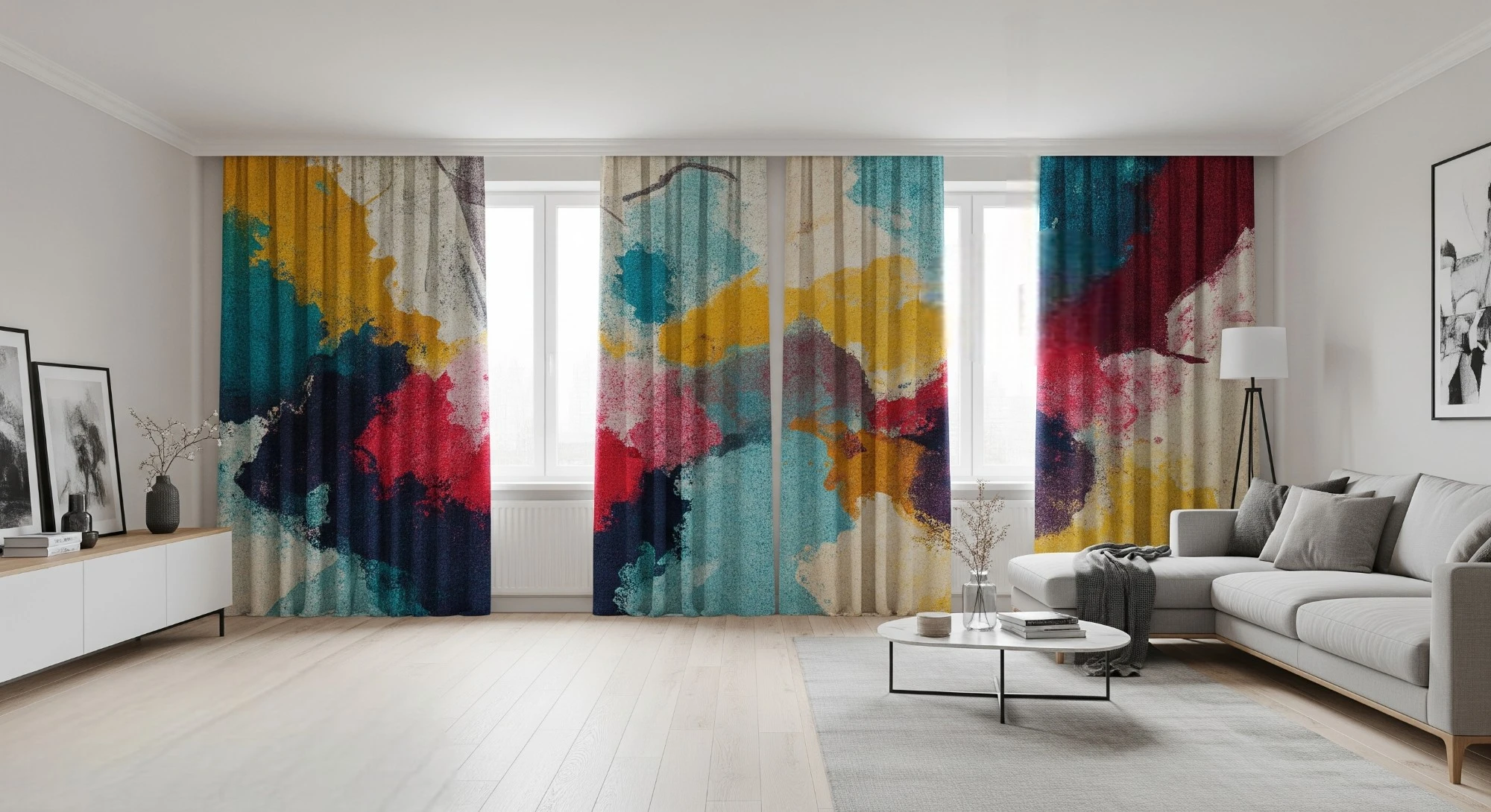 Modern Window Treatment Trends for Stylish Homes in 2025 Artistic printed curtains in soft neutral room