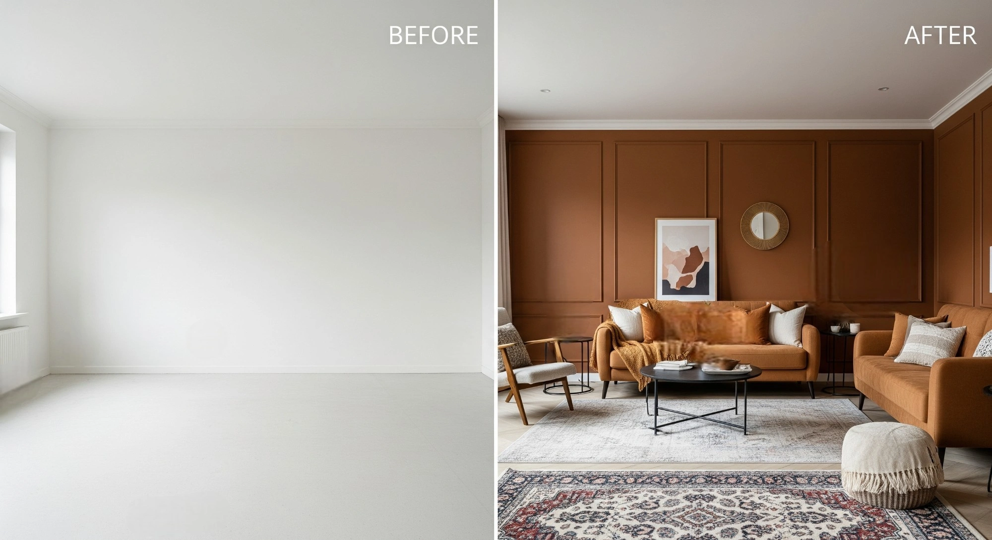 How Virtual Staging Turns Empty Rooms into Dream Homes Comparison of empty room and virtually staged room