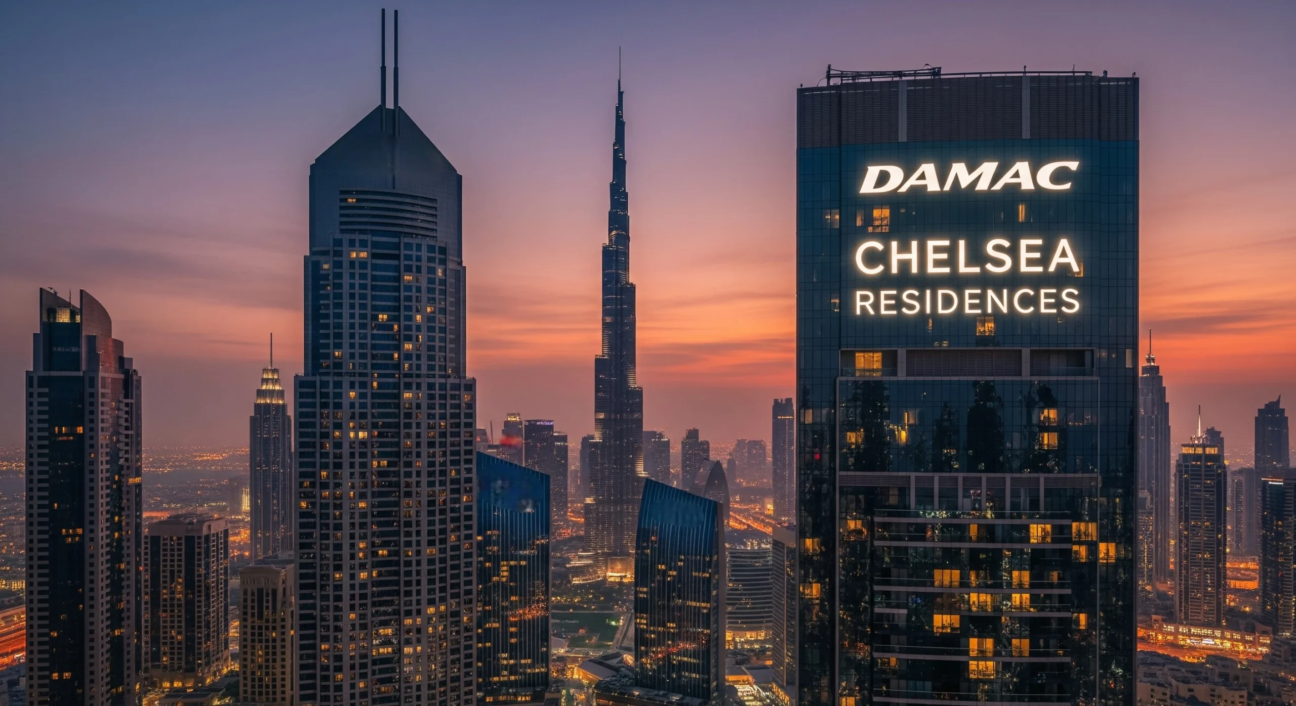 Chelsea Residences by DAMAC – Redefining Sophisticated Urban Life Night view of Chelsea Residences tower