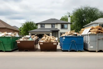 A residential street with five large dumpsters filled with construction debris in front of a two-story house