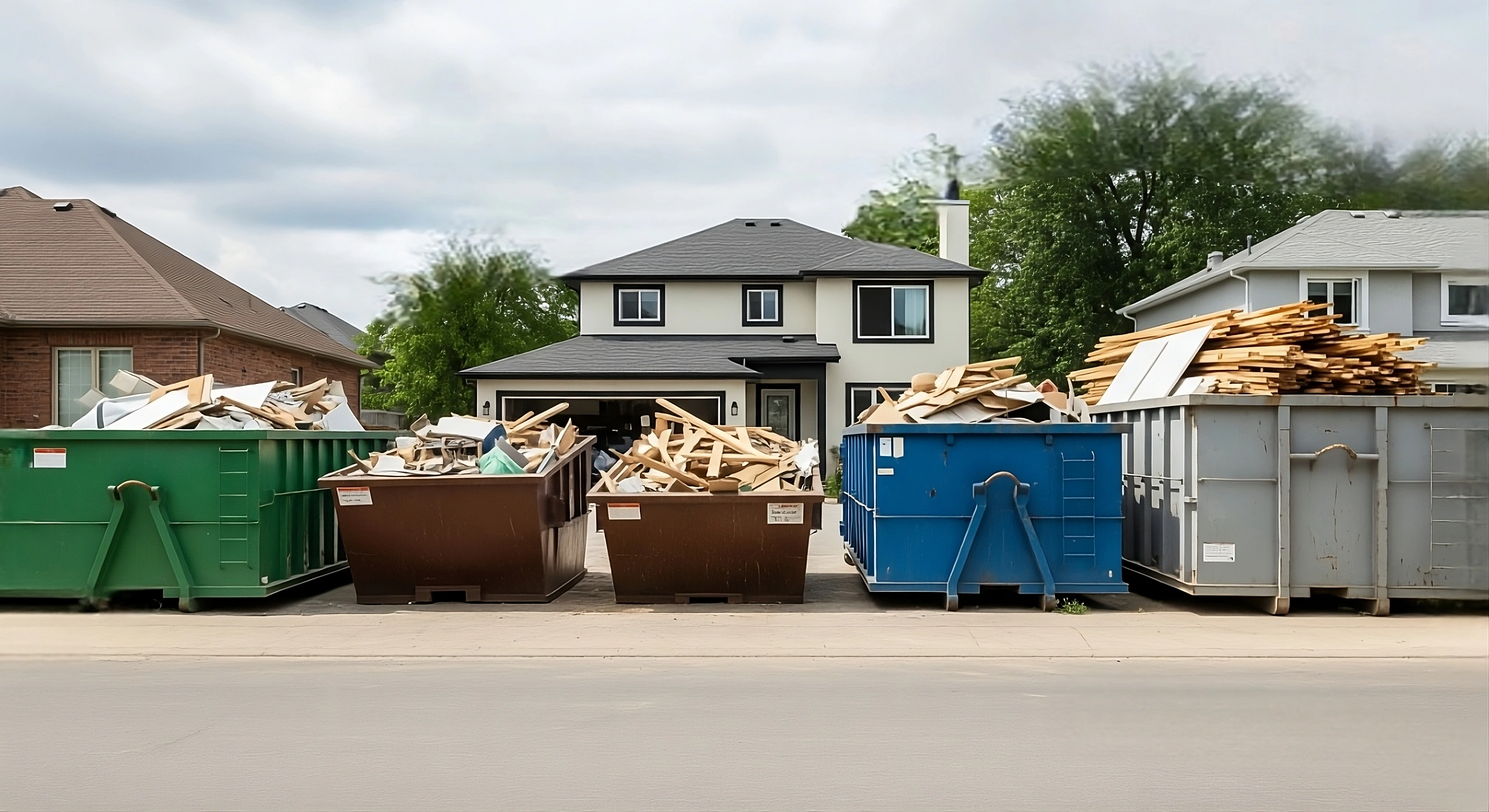 The Home Flipper’s Guide To Dumpster Rentals in Dallas TX A residential street with five large dumpsters filled with construction debris in front of a two-story house