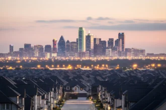 City DFW Skyline with New Suburban Homes in Foreground