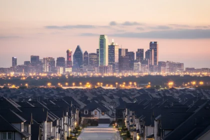 City DFW Skyline with New Suburban Homes in Foreground