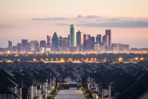 City DFW Skyline with New Suburban Homes in Foreground